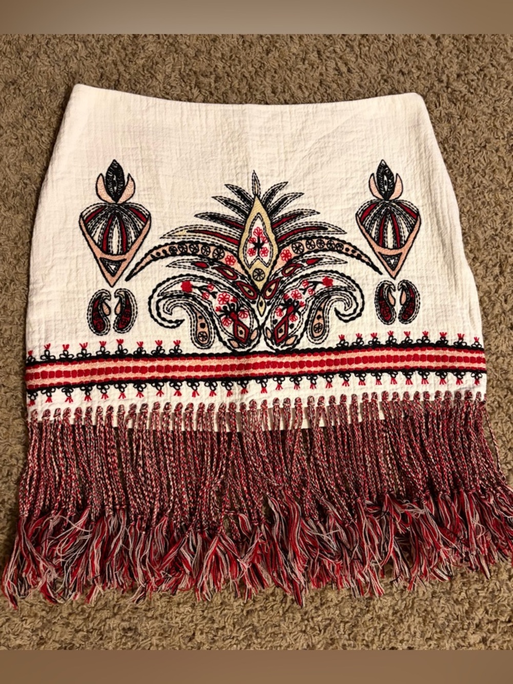 Rachel Zoe White Embroidered Fringe Mini Skirt with Red & Black Detail